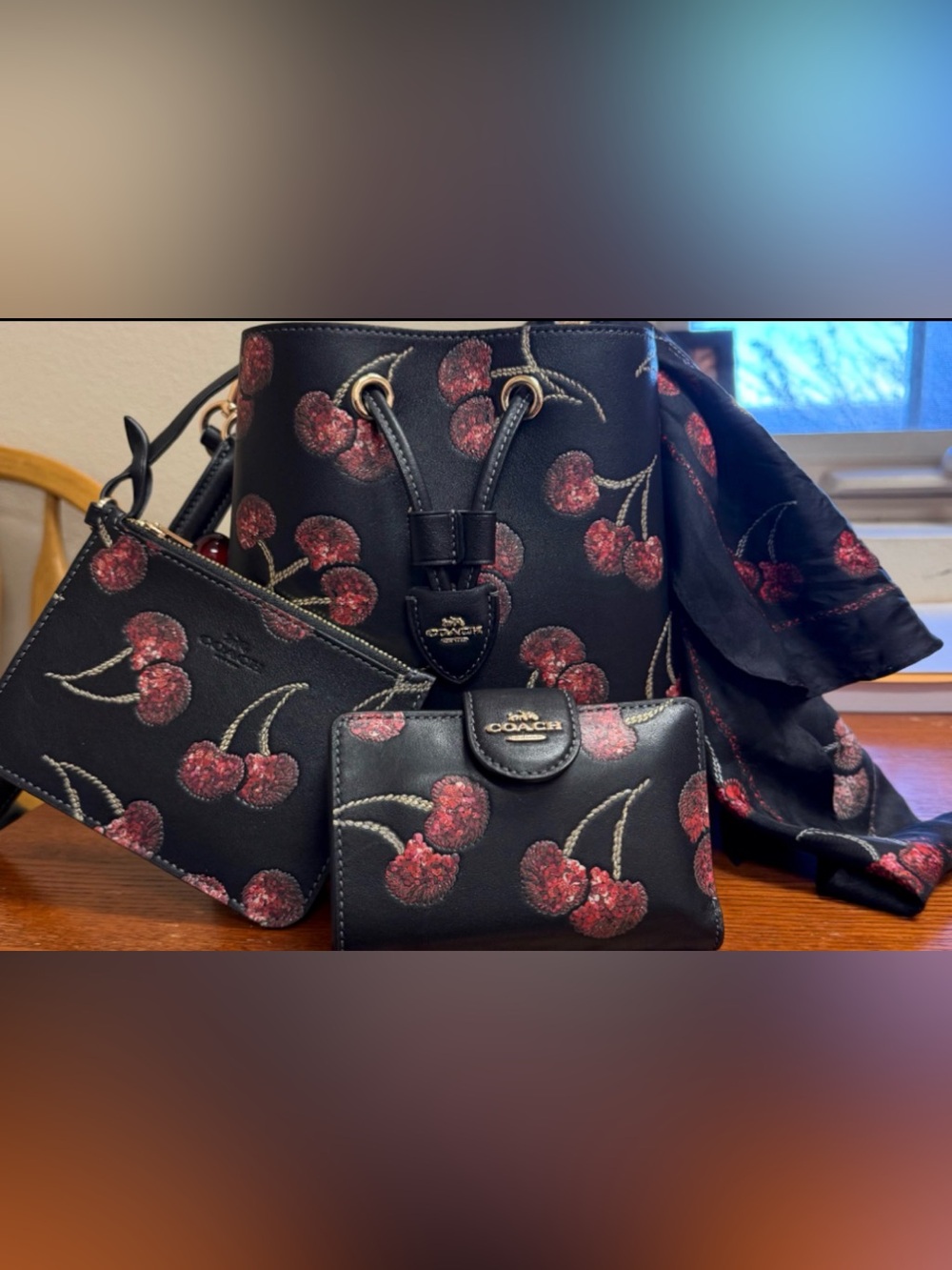 Coach Black Cherry Print Mollie Bucket Bag Set - Black with Red Cherry